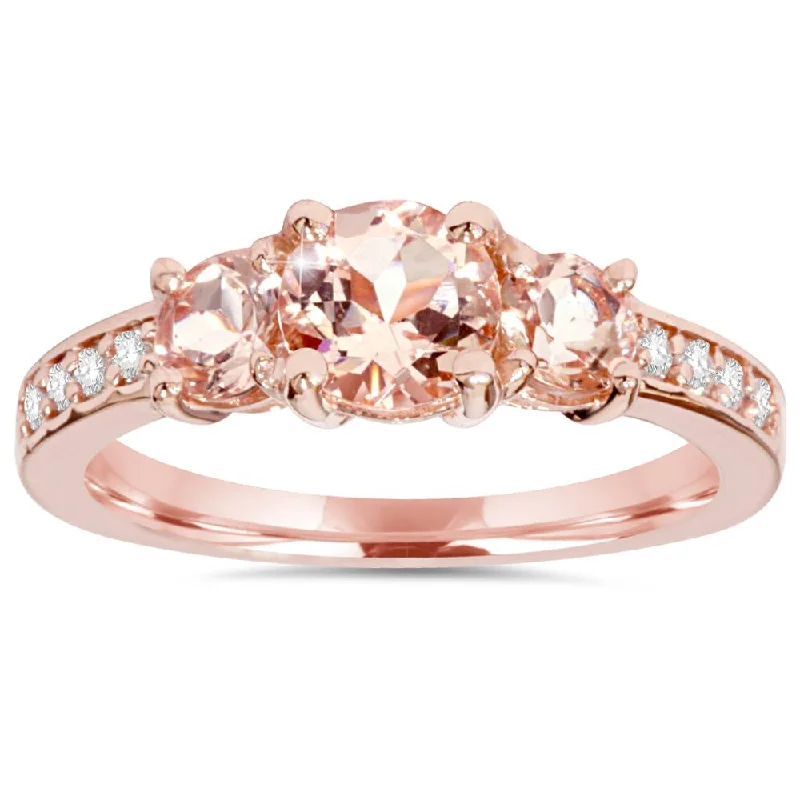 Rings with coral stones for vibrant pop -1 1/2CT Morganite & Diamond 3-Stone Engagement Ring 14K Rose Gold