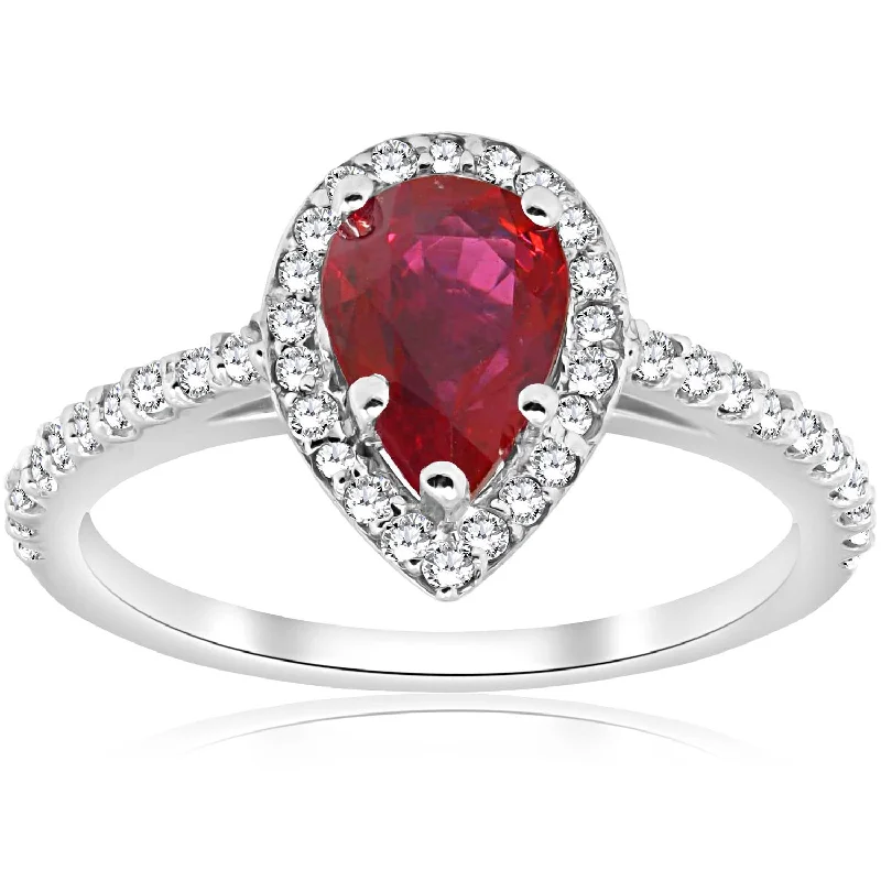 Rings with gothic-inspired skull motif details -1 1/2ct Pear Shape Ruby & Diamond Halo Ring 14K White Gold