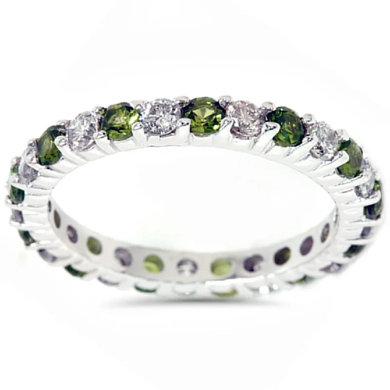 Rings with fluorite stones for rainbow shine -1 1/2ct Peridot & Diamond Common Prong Eternity Wedding Ring 14K White Gold