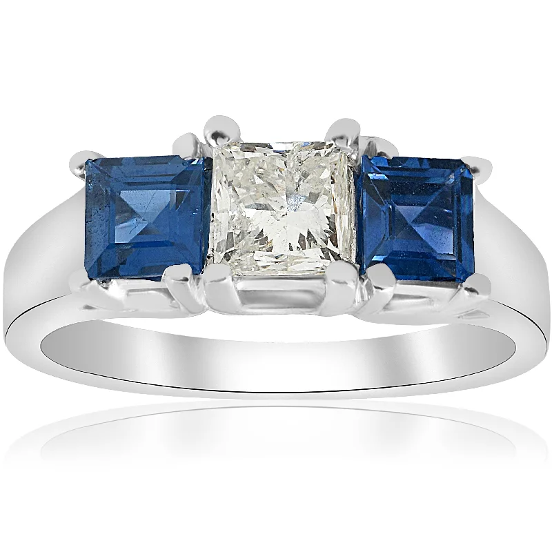 Rings with aventurine gems for green luck -1 1/2ct Princess Cut Diamond & Blue Sapphire 3 Stone Ring 14K White Gold