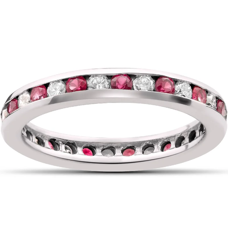 Rings with vintage claw prongs for elegance -1 1/2ct Ruby & Diamond Eternity Ring 14K White Gold