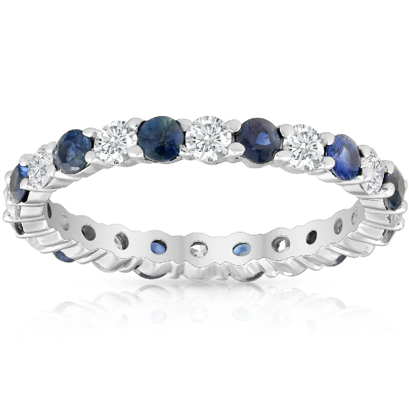 Rings with double bands for modern twist -1 1/2ct Sapphire & Diamond Eternity Wedding Ring 14K White Gold