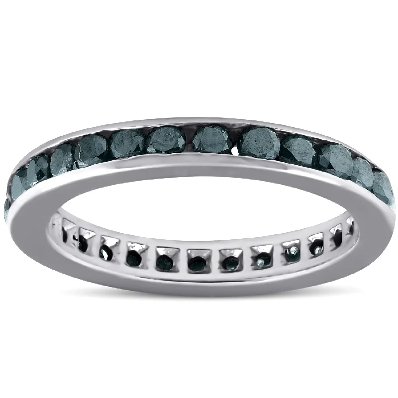 Rings with aventurine gems for green luck -1 1/2ct Treated Black Diamond Channel Set Eternity Ring 14K White Gold