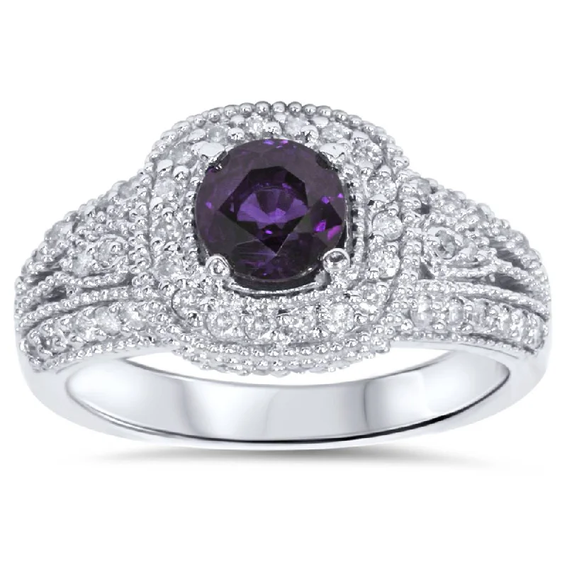 Rings with sleek black agate for edge -1 1/2ct Vintage Amethyst & Diamond Halo Ring 14K White Gold