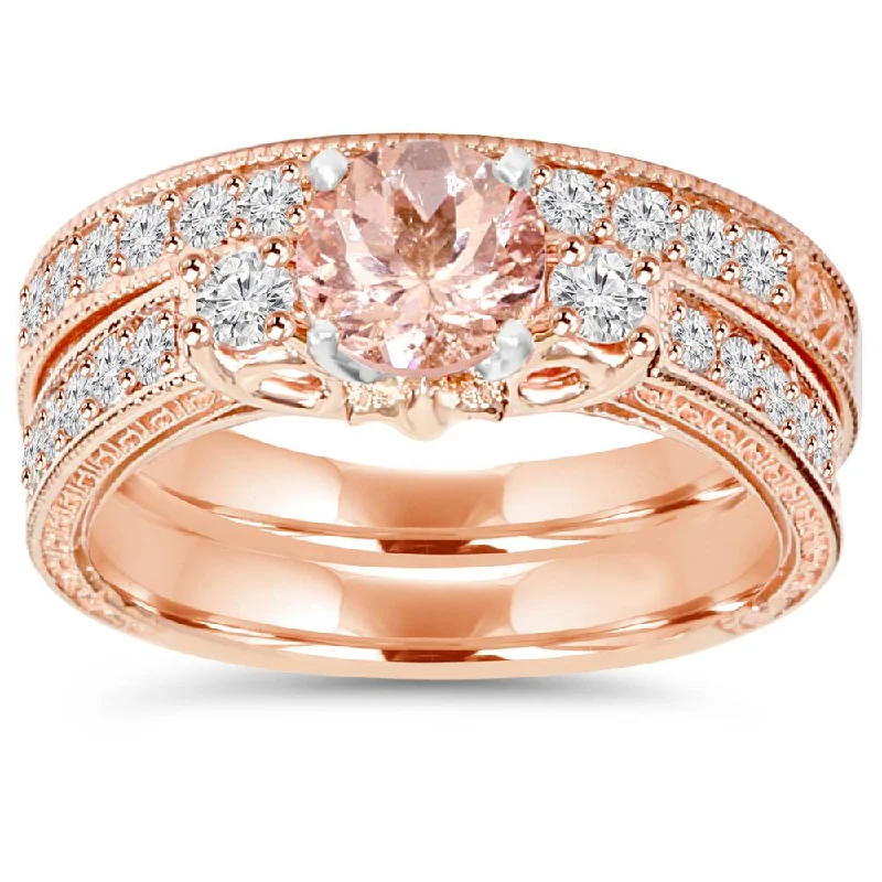 Rings with gothic rose quartz for drama -1 1/2CT Vintage Diamond & Morganite Engagement Wedding Ring Set 14K Rose Gold