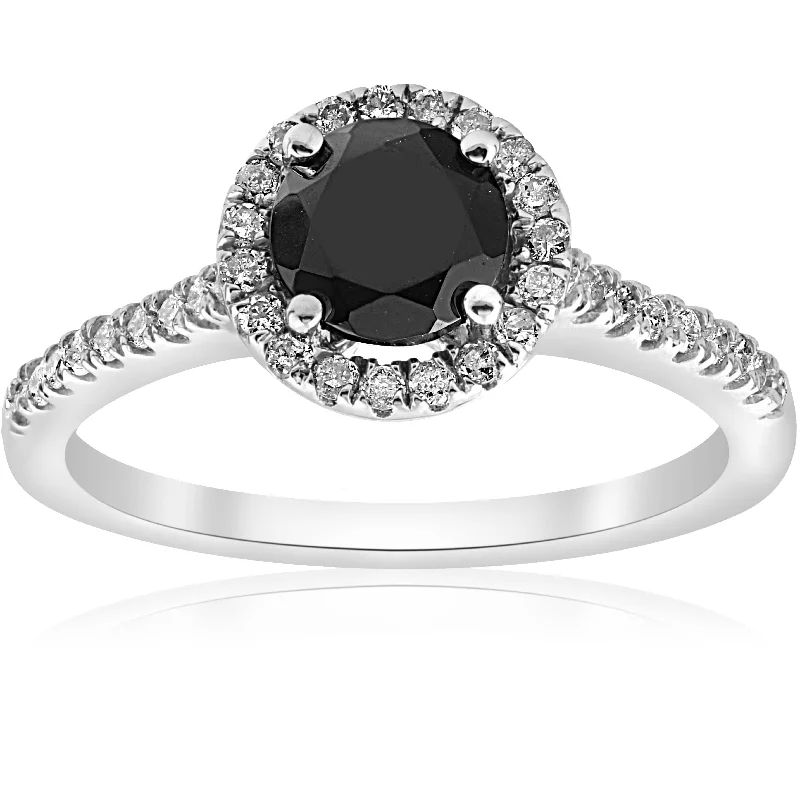 Rings with pink sapphire for delicate charm -1 1/3 ct Black & White Halo Diamond Engagement Ring 14k White Gold