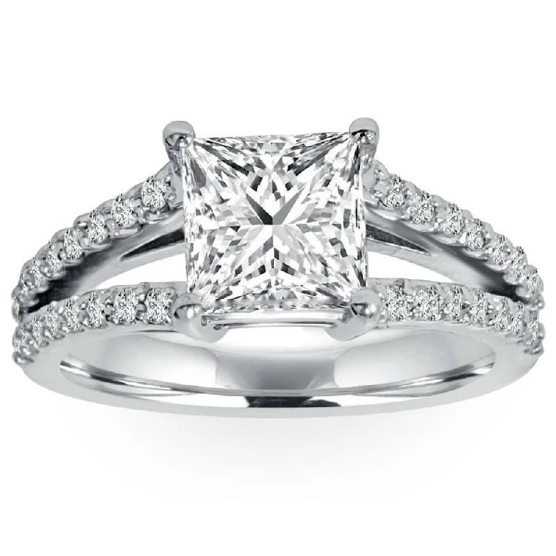 Rings with pave ruby for dazzling sparkle -1 1/3Ct Princess Cut Split Shank Enhanced Diamond Engagement Ring 14K White Gold