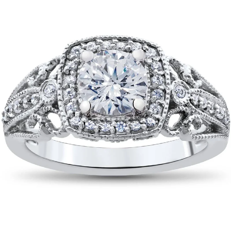 Vintage rings with engraved floral band designs -1 1/3ct Vintage Enhanced Diamond Engagement Cushion Halo Ring 14K White Gold