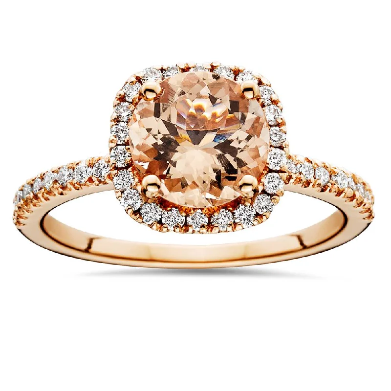 Rings with rough moonstone for natural beauty -1 1/4 CT Morganite & Diamond Cushion Halo Engagement Ring 14K Rose Gold