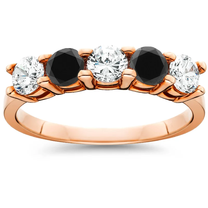 Rings with sunburst citrine for radiant appeal -1 1/4 cttw Black & White Diamond Wedding Anniversary 5-Stone Ring 14K Rose Gold