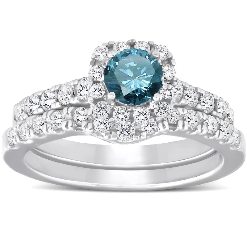 Rings with knot motifs for symbolic love -1 1/4ct Cushion Halo Blue Diamond Engagement Ring Set 14K White Gold