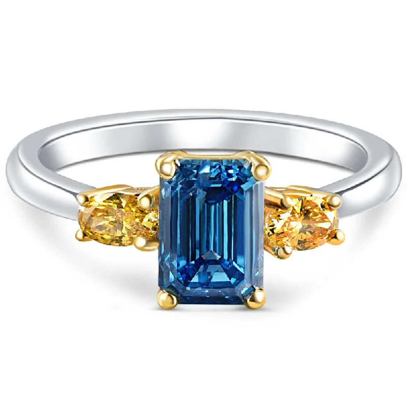 Chunky rings with hammered gold band texture -1 1/4Ct Fancy Blue & Yellow Diamond Engagement Three Stone Emerald Ring 14k Gold