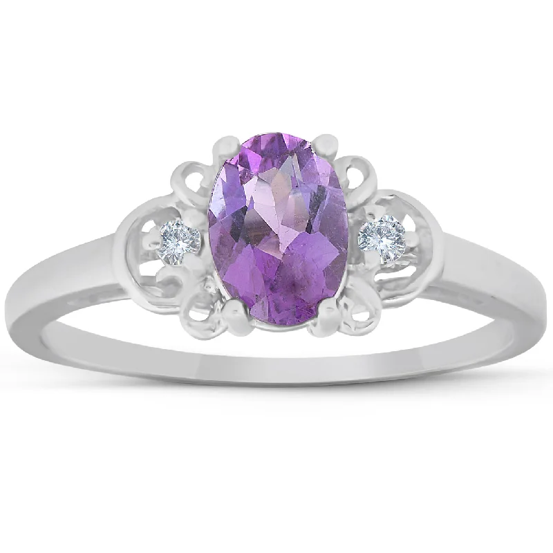 Rings with peridot gems for fresh green -1 1/4ct Oval Amethyst & Diamond Ring 14K White Gold