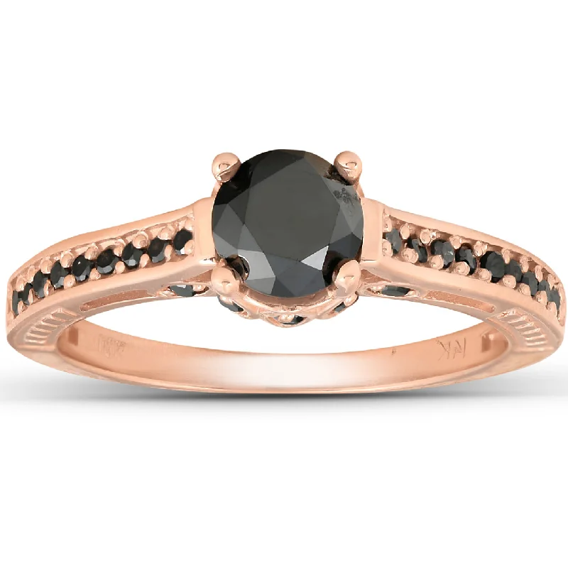 Rings with engraved constellations for stargazers -1 1/4ct Vintage Round Cut Black Diamond Engagement Ring 14K Rose Gold