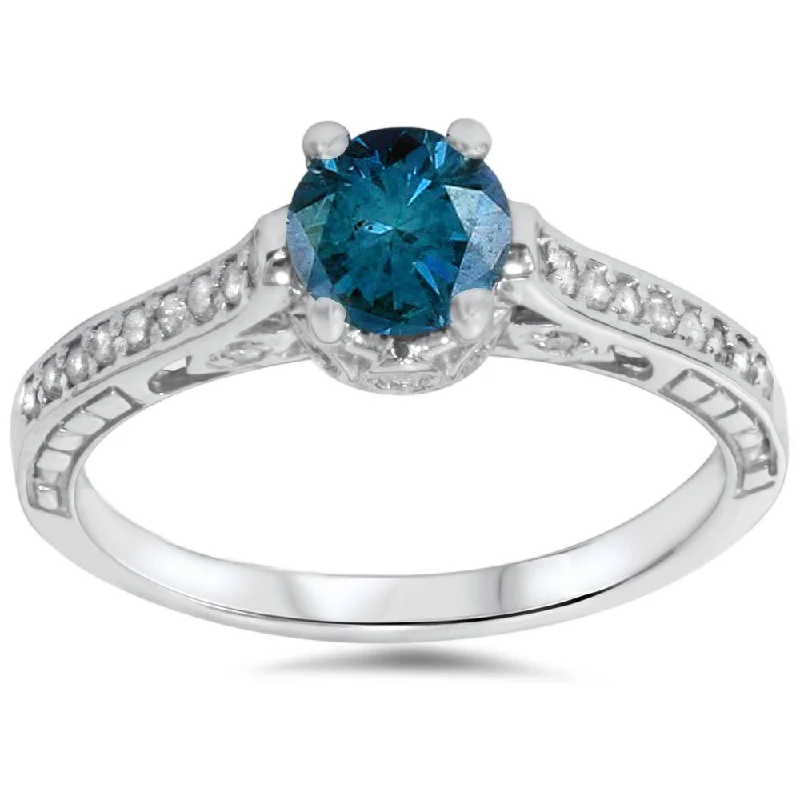 Rings with topaz stones for icy blue -1 1/4ct Vintage Treatd Blue Diamond Engagement Ring White Gold Round Solitaire