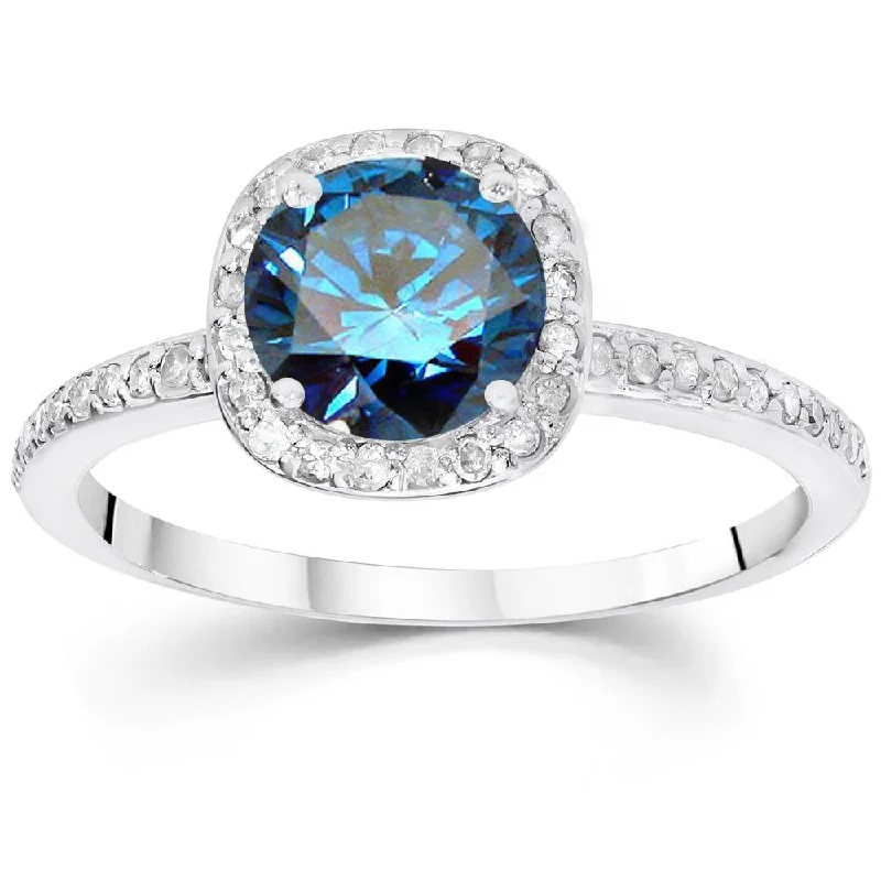 Rings with floral halo diamond arrangements -1 1/6ct Blue Diamond Cushion Halo Engagement Ring 14K White Gold