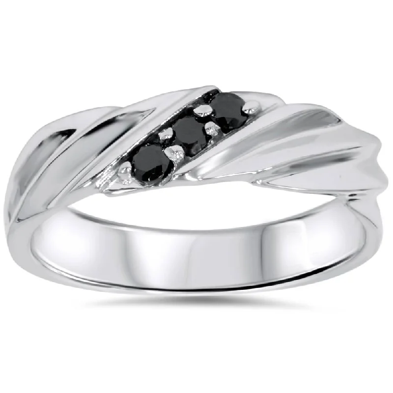 Handcrafted rings with raw emerald rough stones -1/10ct Black Diamond Mens Ring 14K White Gold