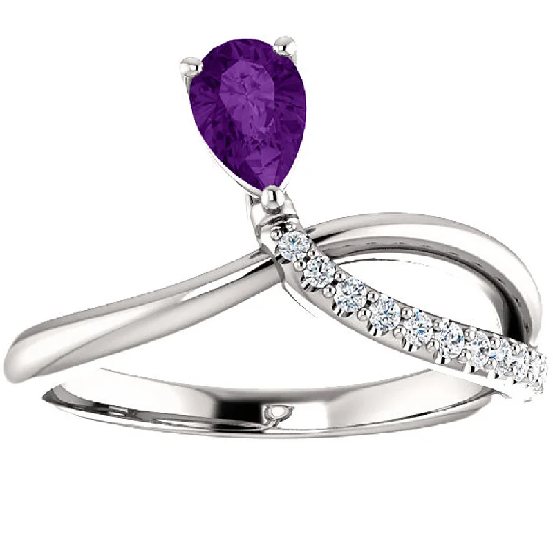 Rings with floral amethyst for romantic touch -1/2 Ct Amethyst Pear Shape Unique Diamond Ring 14k White Gold