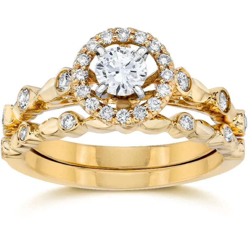 Rings with branch-inspired bands for organic -1/2 cttw Halo Diamond Engagement Wedding Ring Set 14K Yellow Gold