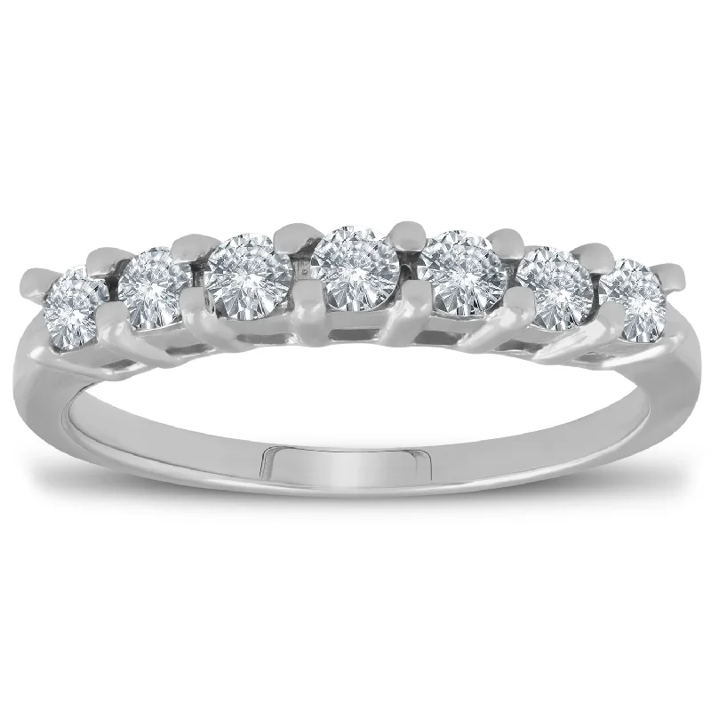 Rings with hammered silver for rustic appeal -1/2ct 7-Stone Diamond Wedding Ring 14K White Gold Womens Anniversary Band