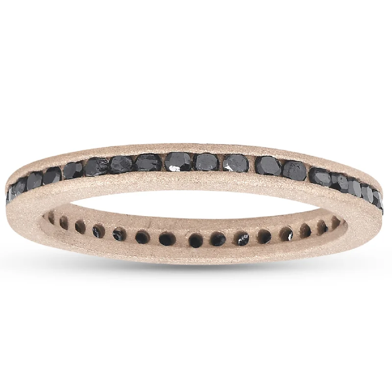 Rings with etched floral bands for detail -1/2ct Black Diamond Channel Set Brushed Finish Eternity Ring 14K Rose Gold