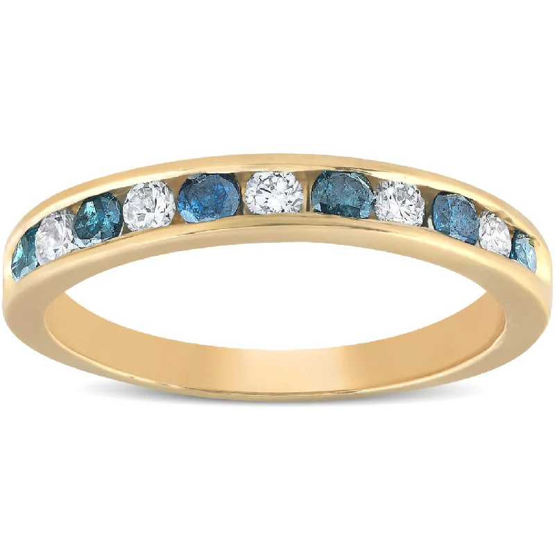 Rings with rainbow moonstone for color play -1/2ct Blue & White Diamond Channel Set Ring 14K Yellow Gold