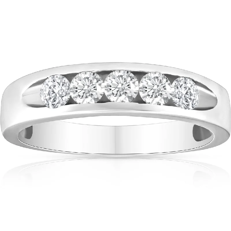 Rings with floral halo diamond arrangements -1/2ct Diamond Mens Wedding Ring Channel Set High Polished Band 14K White Gold