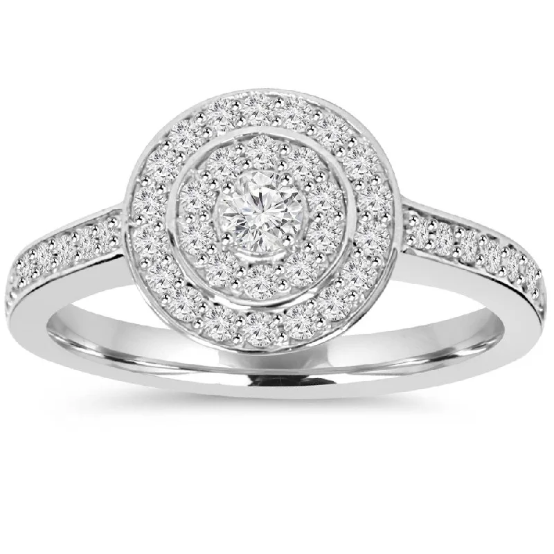 Rings with herkimer diamonds for raw clarity -1/2ct Double Halo Round Diamond Engagement Ring 10K White Gold