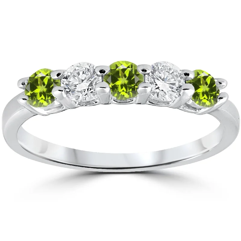 Rings with raw topaz for icy charm -1/2CT Peridot & Diamond 5 Stone Ring 14k White Gold