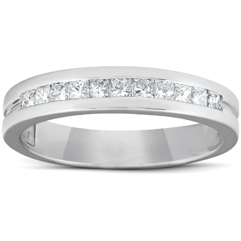 Rings with polished onyx for sleek contrast -1/2ct Princess Cut Diamond Mens Wedding Ring 14K White Gold