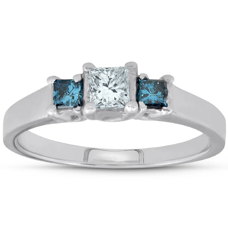 Rings with hexagon-cut stones for trendiness -1/2ct Princess Cut Treated Blue & White Diamond 3-Stone Engagement Ring 14K Gold