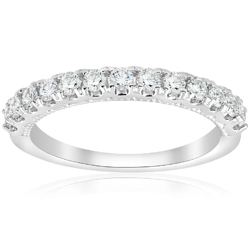 Rings with vintage-inspired rose-cut diamonds -1/2ct U Prong Diamond Milgrain Wedding Ring 14k White Gold