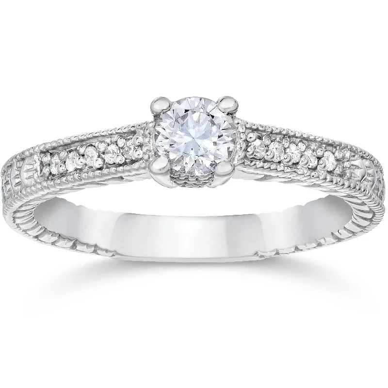 Rings with branch-inspired bands for organic -1/2ct Vintage Diamond Engagement Ring 14K White Gold