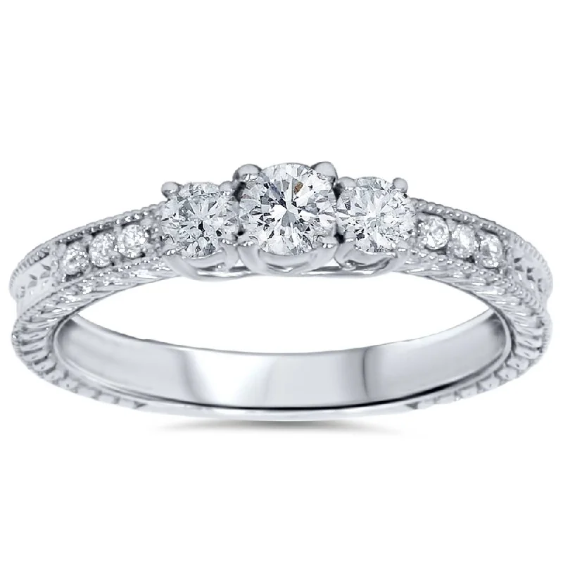 Titanium rings with rugged brushed metal look -1/2ct Vintage Three Stone Round Diamond Engagement Ring 14K White Gold