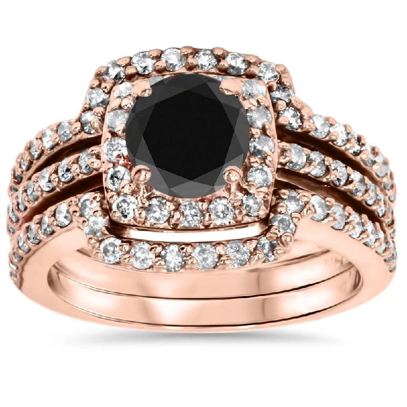 Rings with twisted rose gold band designs -1 3/4ct Black Diamond Rose Gold Cushion Halo Ring Set 14K