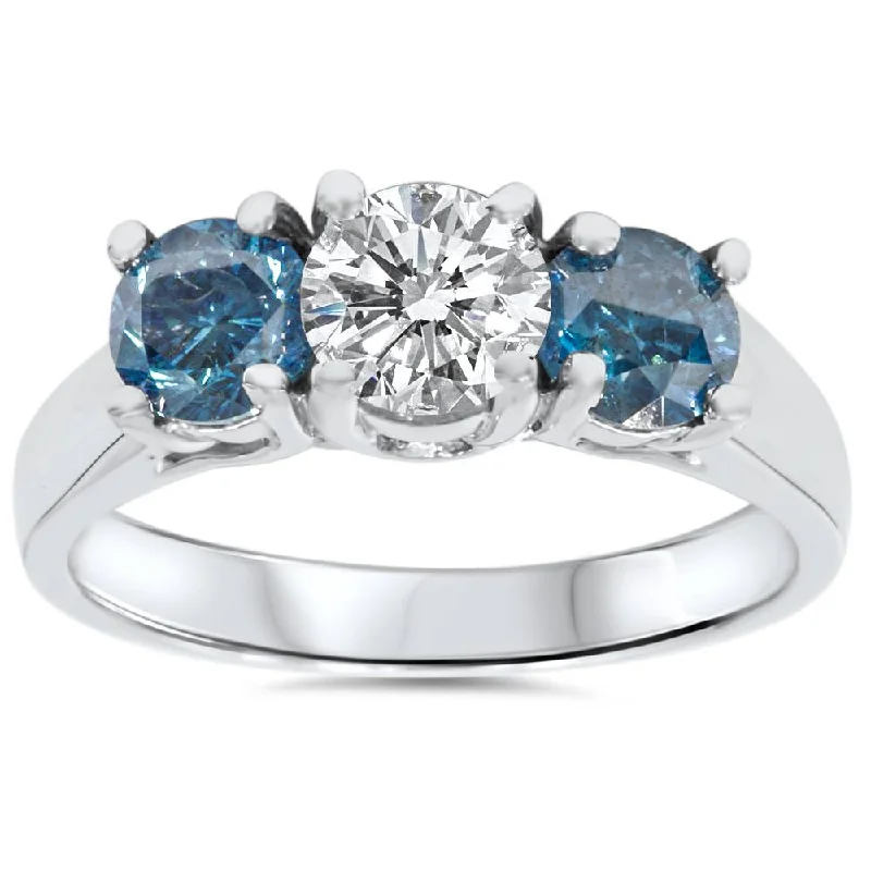 Rings with labradorite stones for mystic flash -1 3/4ct Blue & White Diamond Three Stone Engagement 14K White Gold Ring