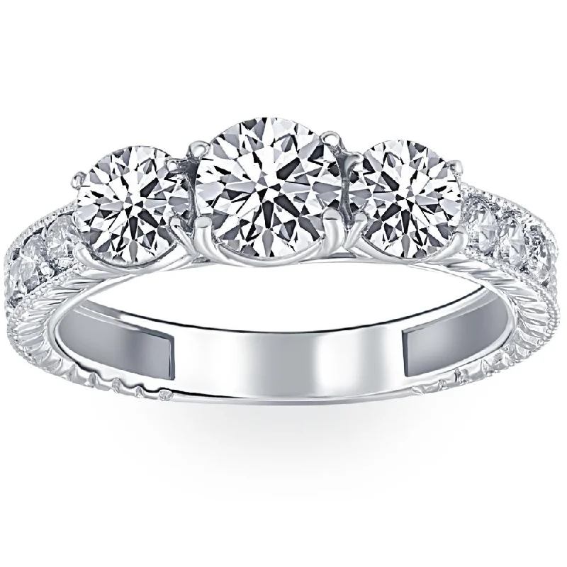 Rings with wide bands for statement wear -1 3/4ct Vintage Three Stone Round Diamond Engagement Ring 14K White Gold