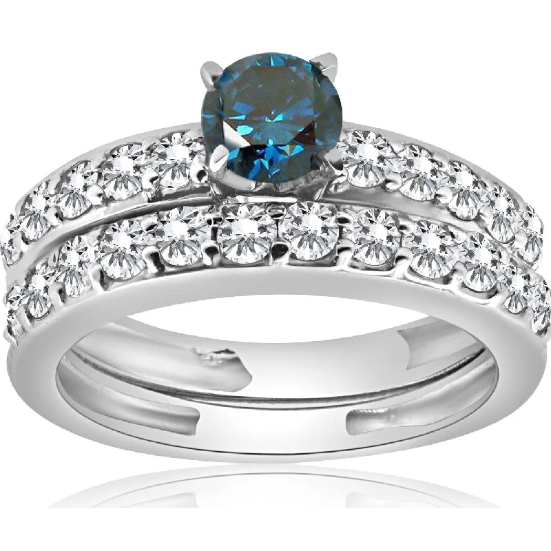 Rings with raw topaz for icy charm -1 3/8Ct Blue Round Cut Diamond Matching Bridal Engagement Ring Set White Gold