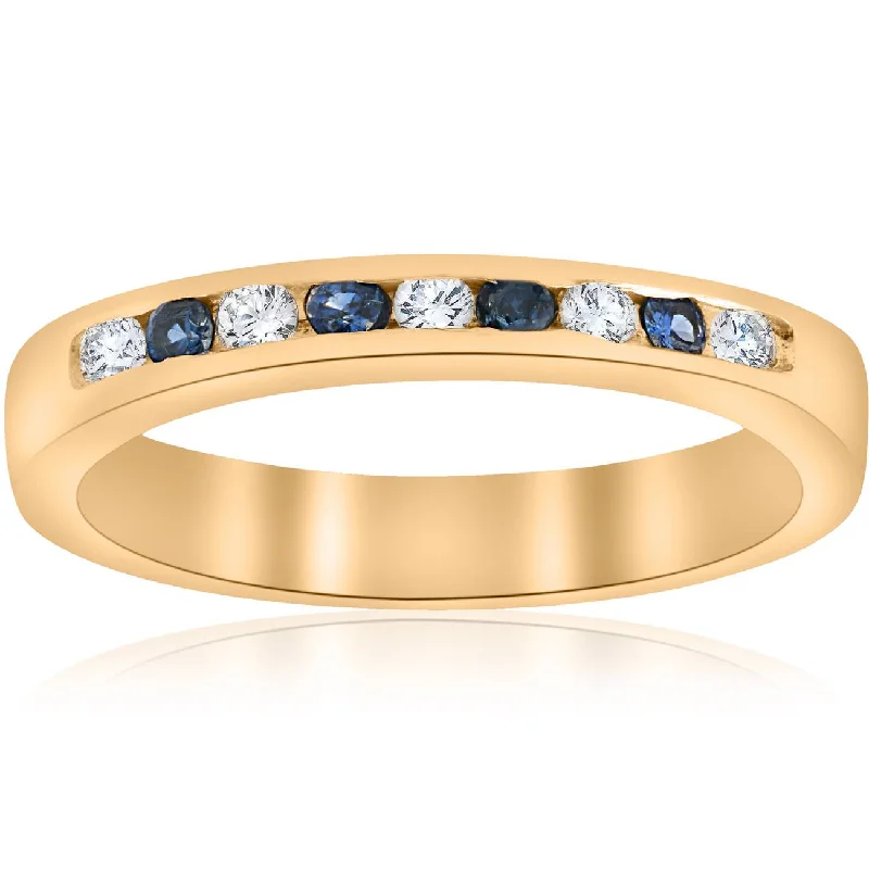 Rings with shield-shaped stones for boldness -1/3ct Diamond & Blue Sapphire Anniversary Wedding Ring 14k Yellow Gold