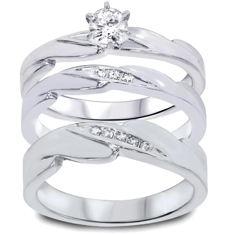 Rings with crescent moon for lunar charm -1/3ct Diamond Engagement Wedding Ring Trio Set 10K White Gold