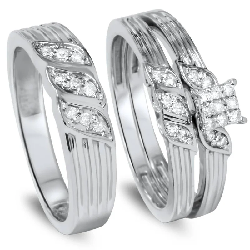 Rings with oxidized bands for vintage edge -1/3ct Engagement Trio Ring Set 10K White Gold