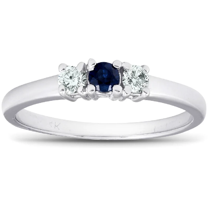 Rings with coral stones for vibrant pop -1/4ct 3 Stone Blue Sapphire Diamond Ring 14k White Gold