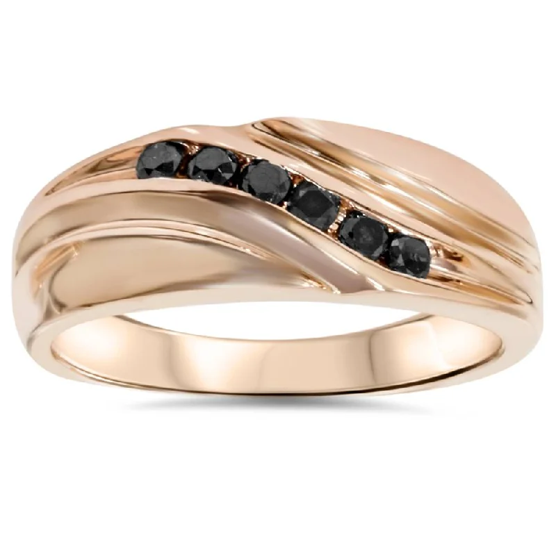 Rings with matte gold for subtle luxury -1/4ct Black Diamond Mens 14K Rose Gold Wedding Ring