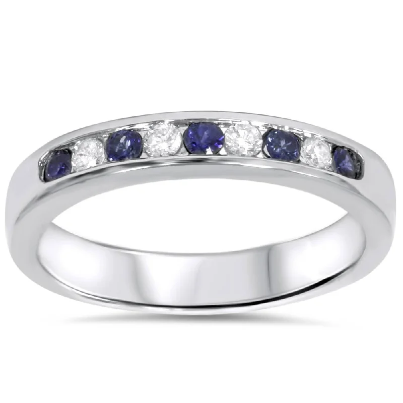 Rings with hematite for sleek metallic sheen -1/4ct Blue Sapphire Lab Grown Diamond Channel Set Wedding Ring 14K White Gold