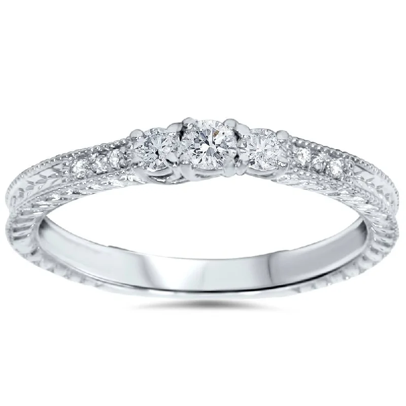 Rings with vintage-inspired rose-cut diamonds -1/4ct Vintage Three Stone Round Diamond Engagement Ring 14K White Gold