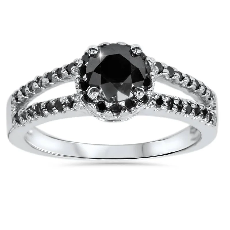 Rings with claw-set moonstone for mystique -1 5/8ct Black Diamond Pave Halo Engagement Ring 14K White Gold