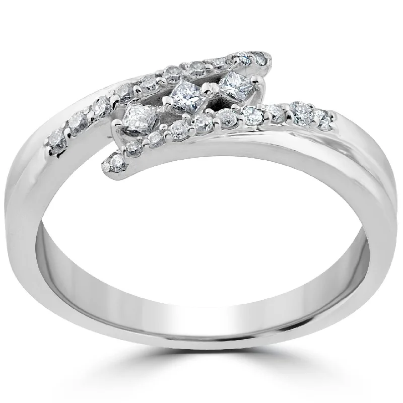 Rings with double bands for modern twist -1/5 ct Princess Cut Diamond 3 Stone Engagement Anniversary Ring 10k White Gold