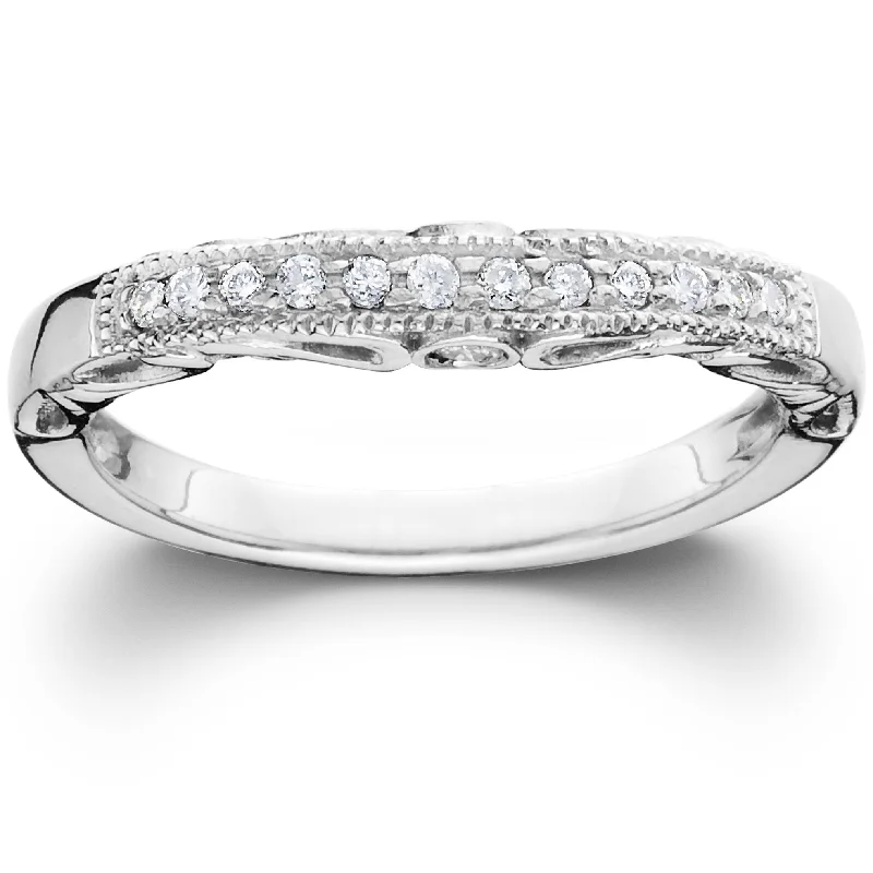 Rings with wide bands for statement wear -1/5CT Vintage Diamond Curved Notched Guard Wedding Ring 14K White Gold