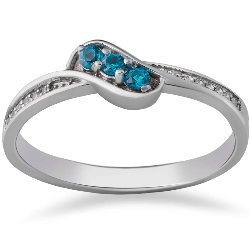 Rings with matte gold for subtle luxury -1/6ct Blue & White Diamond 3-Stone Ring 14k White Gold