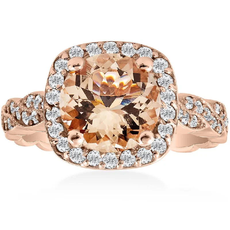 Rings with gothic-inspired skull motif details -1 7/8ct Morganite & Diamond Vintage Halo Infinity Ring 14K Rose Gold